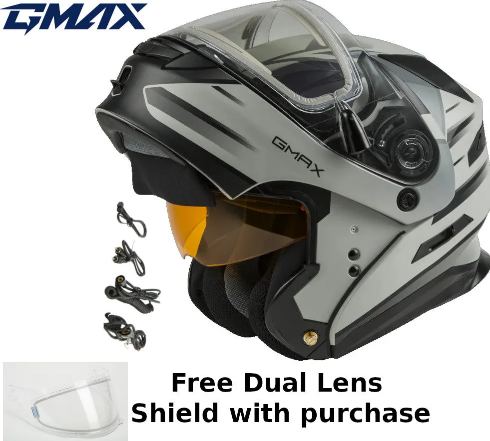Gmax MD-01S Snow Helmet Descendant Matte Gray Silver Electric Shield and Dual Lens